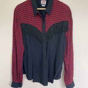 Roughrider red and black plaid dress shirt with fringe